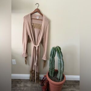 Haute Hippie Beige Knit Sweater Duster with Fringe